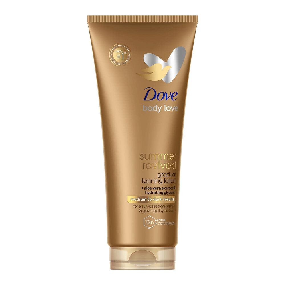 Dove Derma Spa Summer Revived bottle shows gradual tanning for a natural glow