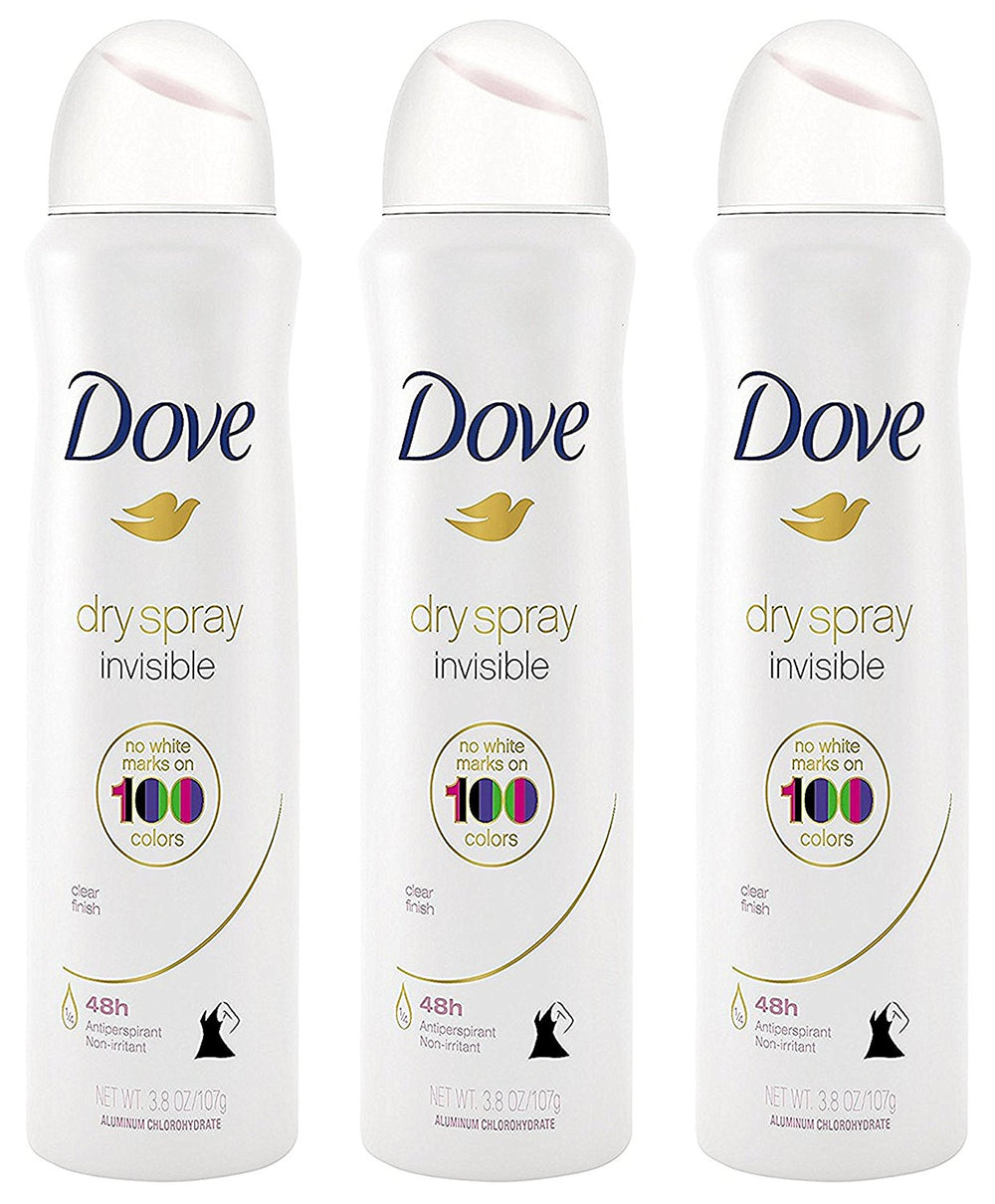 Dove Dry Spray invisible bottle shows no white residue for a clean look.