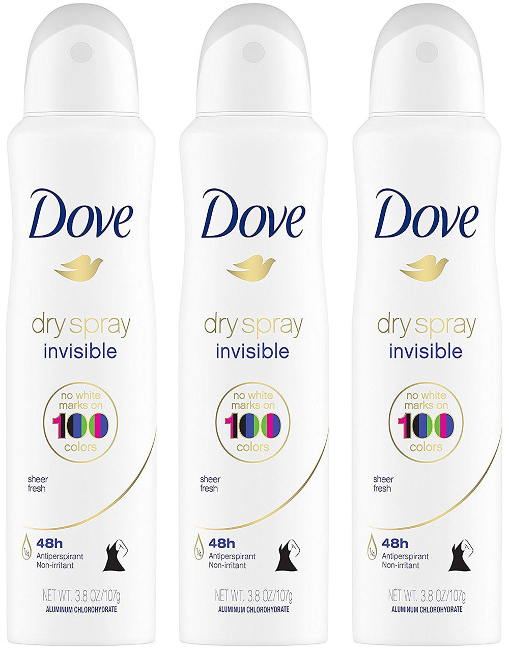 Dove Dry Spray Invisible Sheer Fresh can front view showing quick-dry protection.