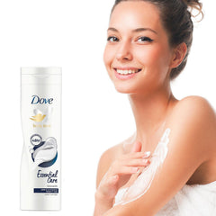 Dove Essential Nourishment Body Lotion cream texture close-up promotes smooth skin.