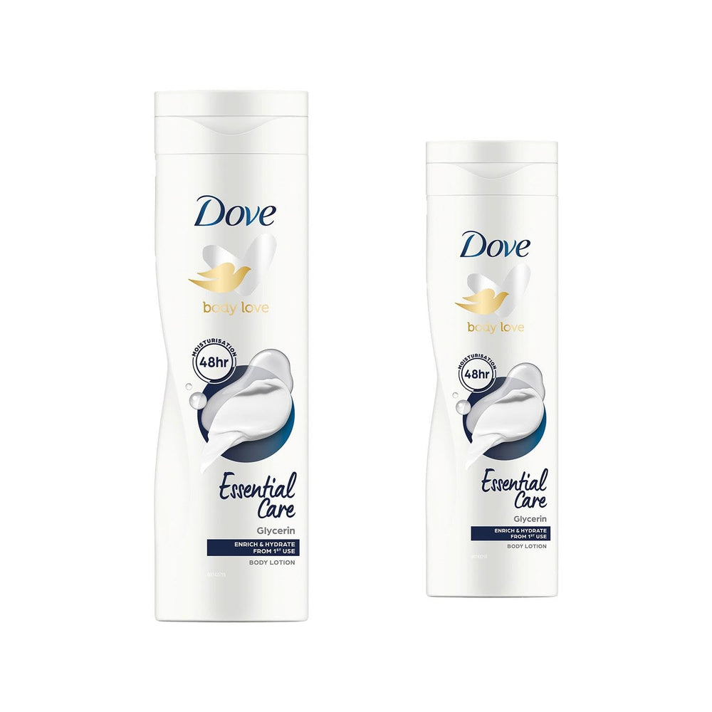 Dove Essential Nourishment Body Lotion two-pack bottles for daily moisture and comfort.