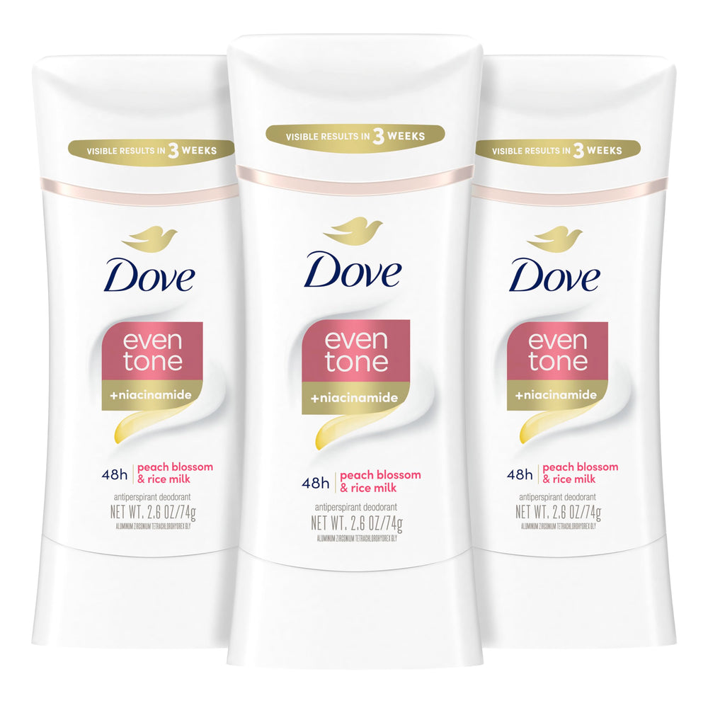 Dove Even Tone peach-blossom stick application shows smooth glide for quick underarm refresh.