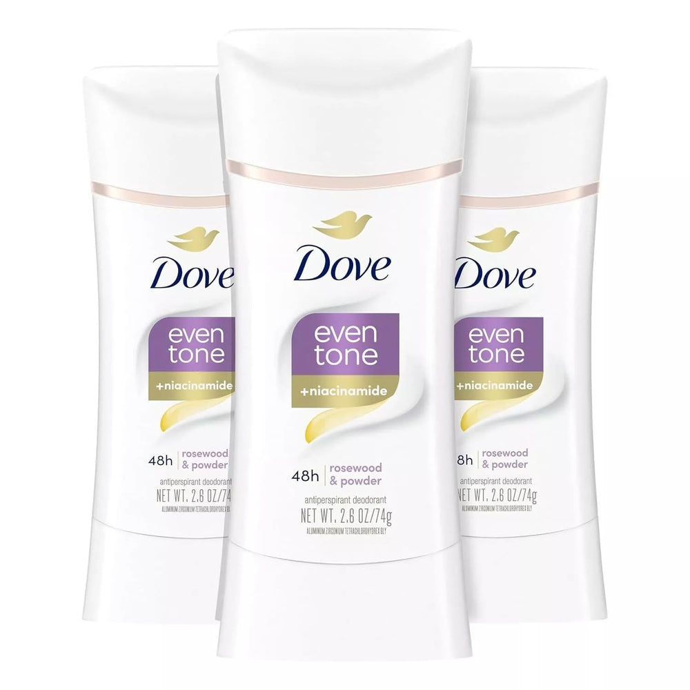 Dove Even Tone rosewood-powder stick provides all-day odor protection with a smooth glide.