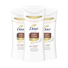 Dove Even Tone Shea Butter & Vanilla pack front shows 3-pack value and protection.