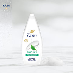 Dove Fresh Care body wash bottle front with clean, refreshing scent emphasis.