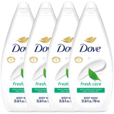 Dove Fresh Care body wash bottle pouring with soothing moisture for daily showers.