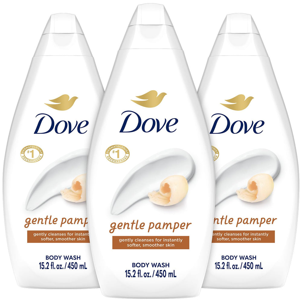 Dove Gentle Pamper body wash bottle with vanilla scent delivering soothing moisture.
