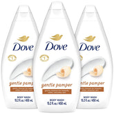 Dove Gentle Pamper body wash bottle with vanilla scent delivering soothing moisture.