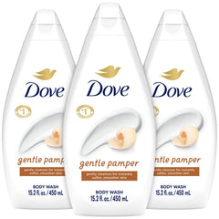 Dove Gentle Pamper body wash bottle with vanilla scent delivering soothing moisture.