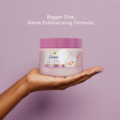 Dove Himalayan Salt & Rose Oil Scrub creamy lather highlighting sulfate-free cleansing for soft skin