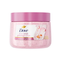 Dove Himalayan Salt & Rose Oil Scrub jar close-up showing creamy texture for silky skin