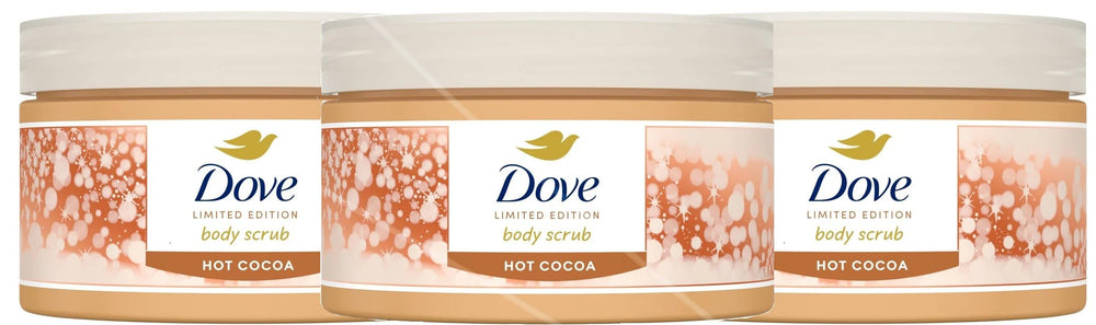 Dove Hot Cocoa Body Scrub bottles in a 3-pack for easy exfoliation routine.