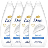 Dove Hydrate Body Wash bottle shows rich, moisturizing lather for soft skin.