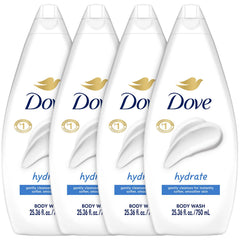 Dove Hydrate Body Wash bottle shows rich, moisturizing lather for soft skin.