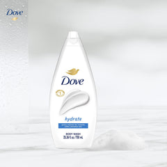 Dove Hydrate Body Wash lather display features creamy foam nourishing dry skin.