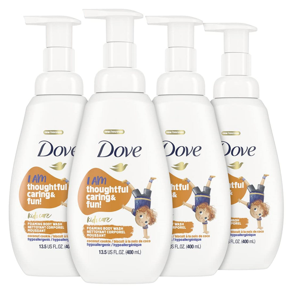 Dove Kids Care Foaming Body Wash Coconut Cookie bottle provides gentle cleansing for kids.