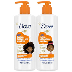 Dove Love Collection curly kids shampoo bottle highlighting moisture-rich formula for softer curls.