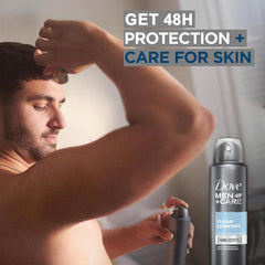 Dove Men+Care 48H protection spray shown for long-lasting sweat resistance.