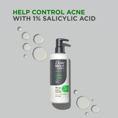 Dove Men+Care Acne Clear face-body-application image conveys full-body cleansing routine.