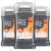 Dove Men+Care aluminum-free 3-pack rustic sandalwood deodorant pack offers long-lasting protection