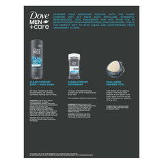 Dove Men+Care Clean Comfort Body & Face Wash bottle highlights a hydrating wash for daily use.
