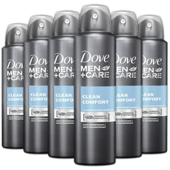 Dove Men+Care Clean Comfort six-pack spray bottles for daily freshness.