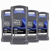 Dove Men+Care deodorant stick 4-count package for daily protection.