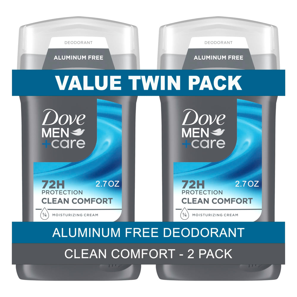 Dove Men+Care Clean Comfort twin-pack deodorant on shelf offering lasting freshness in daily use