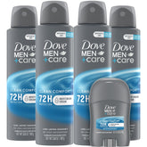 Dove Men+Care dry spray 4-pack visible packaging shows long-lasting protection.