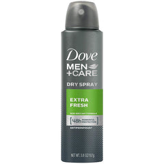 Dove Men+Care dry spray application on skin emphasizing fast-drying formula.
