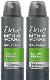 Dove Men+Care dry spray bottle showing 72-hour protection for active days.
