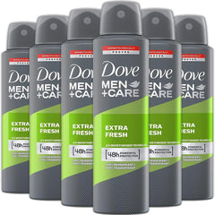 front view of Dove Men+Care Extra Fresh spray with six-pack for daily odor protection.