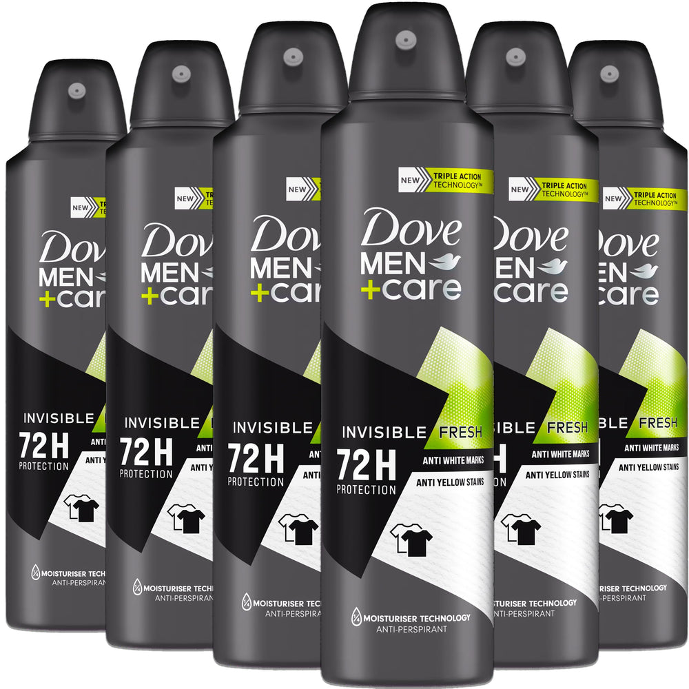 Dove Men+Care Invisible Fresh spray pack-shot highlighting durable 6-pack value