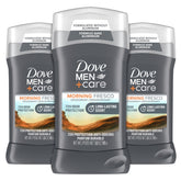 Dove Men+Care Morning Fresco deodorant stick packaging highlights a three pack and aluminum free formula