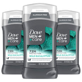 DOVE MEN + CARE Wild Eucalyptus packaging highlights aluminum-free formula for all-day freshness.
