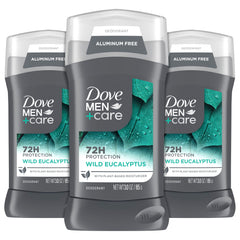 DOVE MEN + CARE Wild Eucalyptus packaging highlights aluminum-free formula for all-day freshness.