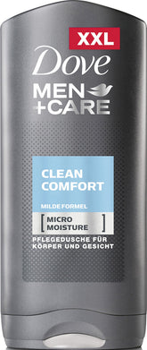 Dove Men Clean Comfort Shower Gel bottle front view for hydrated skin.