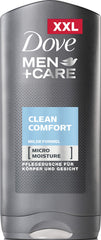 Dove Men Clean Comfort Shower Gel bottle front view for hydrated skin.