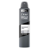 Dove Men Plus Care invisible dry aerosol bottle shown for long-lasting protection.