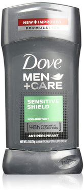 Dove Men+Care antiperspirant stick packaging emphasizes Sensitive Shield for daily freshness.