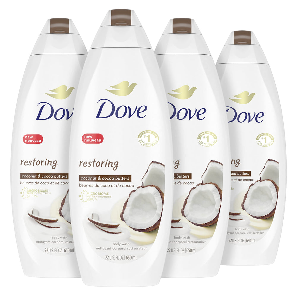 Dove Purely Pampering body wash bottle with coconut butter for skin nourishment.