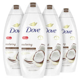 Dove Purely Pampering body wash bottle with coconut butter for skin nourishment.
