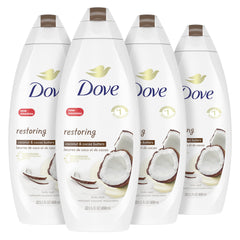 Dove Purely Pampering body wash bottle with coconut butter for skin nourishment.