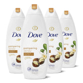 Dove Purely Pampering Body Wash bottle shows Shea Butter and Warm Vanilla for nourishing cleanse.