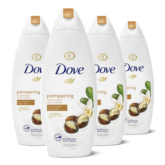 Dove Purely Pampering Body Wash bottle shows Shea Butter and Warm Vanilla for nourishing cleanse.