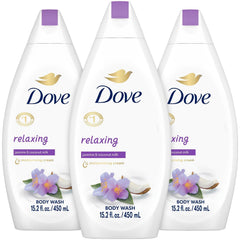 Dove Relaxing Jasmine Coconut Milk bottle front shows hydration-ready formula.