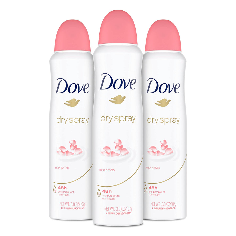 Dove Rose Petals dry spray packaging shows a convenient three-pack for on-the-go protection.