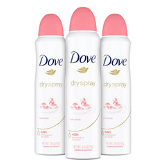 Dove Rose Petals dry spray packaging shows a convenient three-pack for on-the-go protection.
