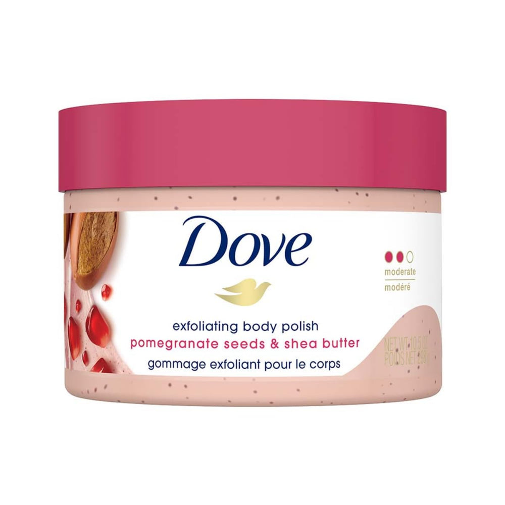 Dove Scrub Pomegranate & Shea Butter jar close-up shows nourishing cream texture for silky skin prep.