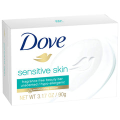 Dove Sensitive Skin Beauty Bar held in hand for body and hands cleansing.